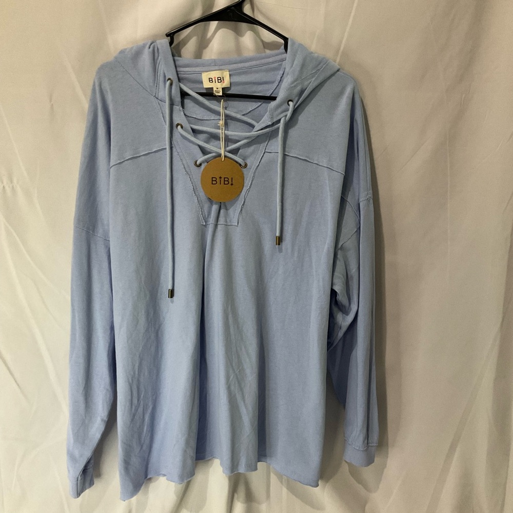 BIBI Womens Light Blue Hooded Drawstring Shirt Size Medium NWTO Oversized fit